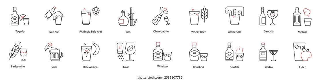 Vector Icons Set - Barleywine, Pale Ale, Bock, IPA (India Pale Ale), Gose, Mezcal, Champagne, Wheat Beer, Amber Ale, Sangria, Whiskey, Bourbon, Scotch, Vodka