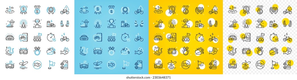 Vector icons set of Bike app, E-bike and Winner line icons pack for web with Stop fishing, Yoga, Winner cup outline icon. Fish, Bike attention, Boat fishing pictogram. Sports stadium. Vector