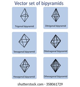 Vector icons set of bipyramids of different crystal families.