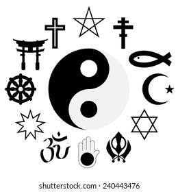 Vector icons. Set of black and white characters popular religions and creeds of the world.