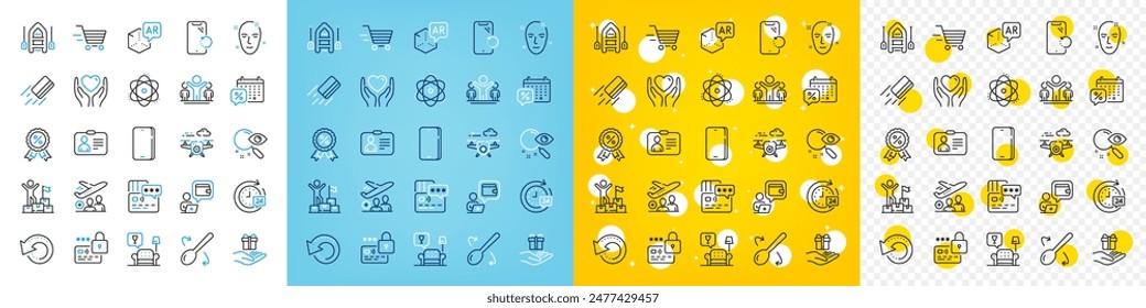 Vector icons set of Boat, Phone and Hold heart line icons pack for web with Credit card, Card, Cooking spoon outline icon. Smartphone recovery, Health skin, Delivery shopping pictogram. Vector