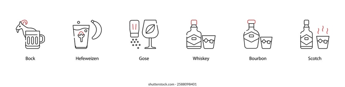 Vector Icons Set - Bock, Hefeweizen, Gose, Whiskey, Bourbon, Scotch