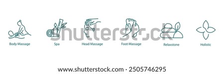 Vector Icons Set: Body Massage, Spa, Head Massage, Foot Massage, Relaxed Zone, Holistic