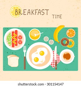 Vector icons set with breakfast food and drinks in flat style. Omelette and coffee, fruit and donut.