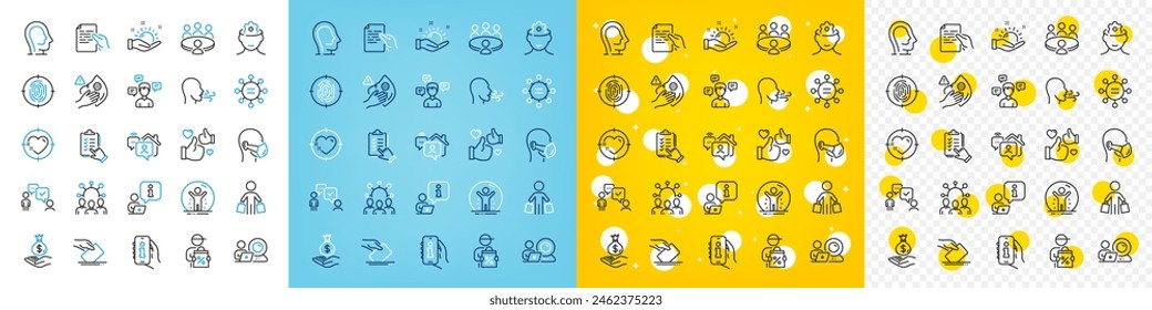 Vector icons set of Breathing exercise, Recovered person and Voting ballot line icons pack for web with Fingerprint, Income money, Heart target outline icon. Conversation messages. Vector