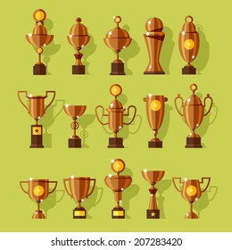 Vector icons set of bronze sport award cups in modern flat style.