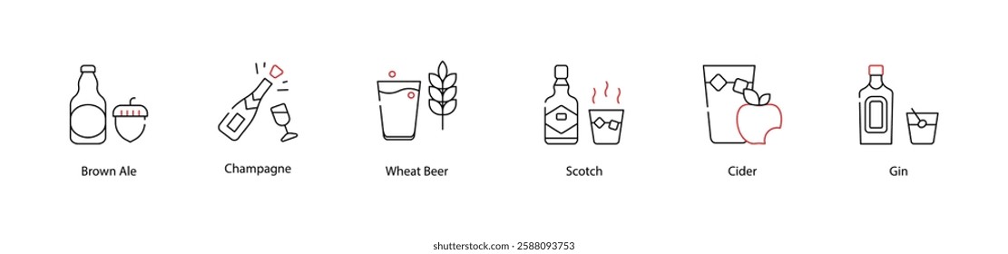 Vector Icons Set - Brown Ale, Champagne, Wheat Beer, Scotch, Cider, Gin