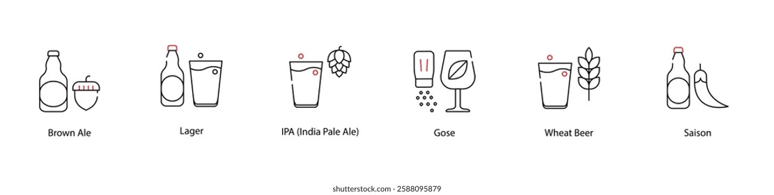 Vector Icons Set - Brown Ale, Lager, IPA (India Pale Ale), Gose, Wheat Beer, Saison