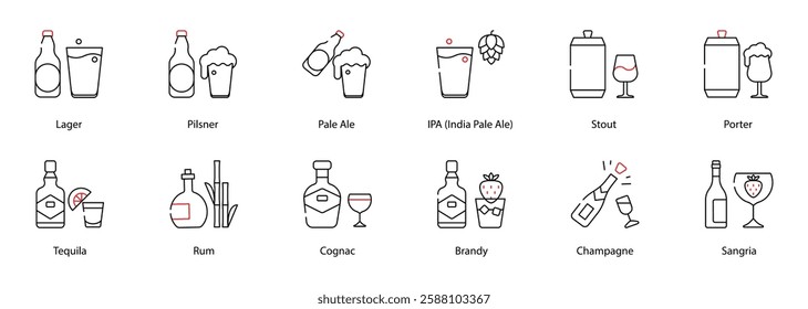 Vector Icons Set - Brown Ale, Barleywine, Bock, Hefeweizen, Gose, Whiskey, Champagne, Sangria, Absinthe, Liqueur, Mezcal, Cider