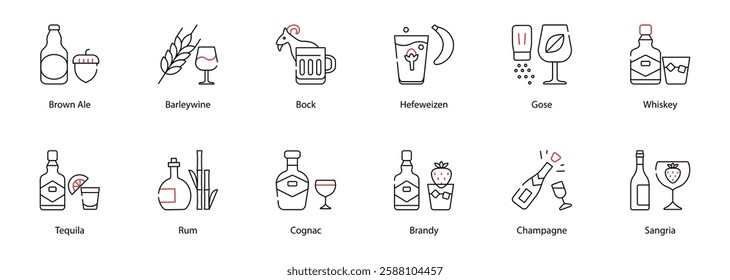 Vector Icons Set - Brown Ale, Barleywine, Bock, Hefeweizen, Gose, Whiskey, Tequila, Rum, Cognac, Brandy, Champagne, Sangria