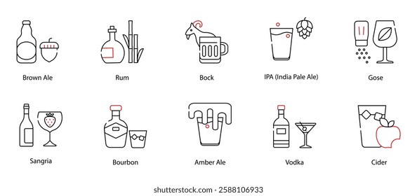 Vector Icons Set - Brown Ale, Rum, Bock, IPA (India Pale Ale), Gose, Sangria, Bourbon, Amber Ale, Vodka, Cider