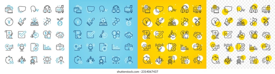 Vector icons set of Brush, Journey and Jobless line icons pack for web with Money currency, Brand, Save planet outline icon. Phone service, Certificate, Breathing exercise pictogram. Vector