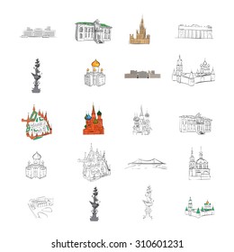 vector icons set of buildings in Moscow, monuments and churches, the Kremlin