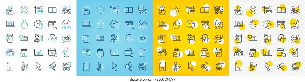 Vector icons set of Bus parking, Online test and Alarm bell line icons pack for web with Reject file, Book, Security contract outline icon. Charge battery, Third party, Repairman pictogram. Vector