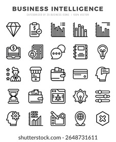 Conjunto de ícones vetoriais do Business Intelligence. Ícones de estilo linear.