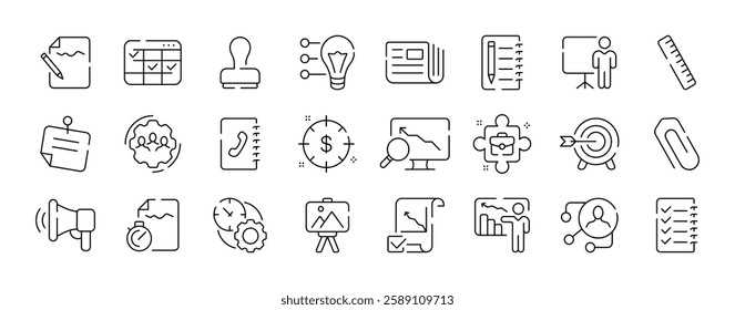 Vector icons set for business and office applications: design, analysis, and planning tools.