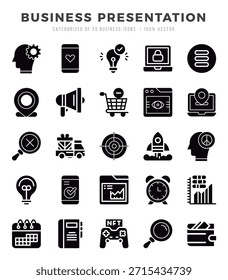 Conjunto de iconos vectoriales de presentación de negocios. Iconos de estilo glifo.