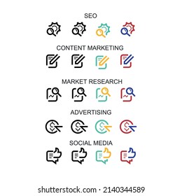 conjunto de iconos vectoriales, negocios, SEO, marketing