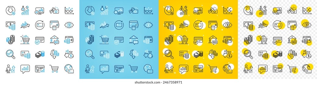 Vector icons set of Business vision, Savings and Renew card line icons pack for web with Salary, Deflation, Business results outline icon. Candlestick chart, Wallet money. Vector