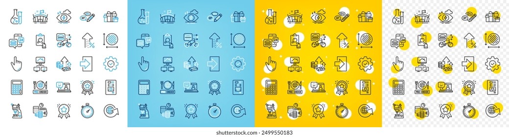 Vector icons set of Calculator, Budget accounting and Circle area line icons pack for web with Increasing percent, Coffee vending, Work home outline icon. Execute, Login, Timer pictogram. Vector