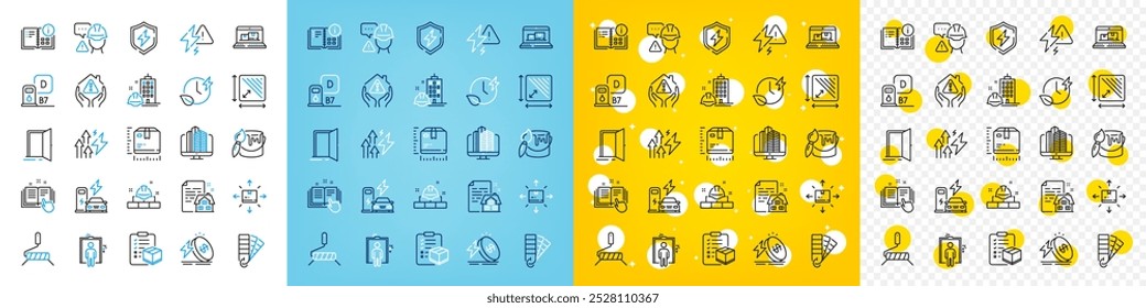 Vector icons set of Cardboard box, Construction bricks and Charging time line icons pack for web with Open door, Lightning bolt, Parcel checklist outline icon. Power safety, Package size. Vector