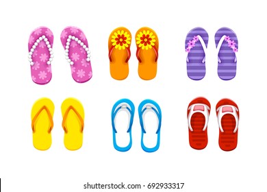 Vector icons set of cartoon cute and colorful summer flip flops and slippers for beach holiday designs