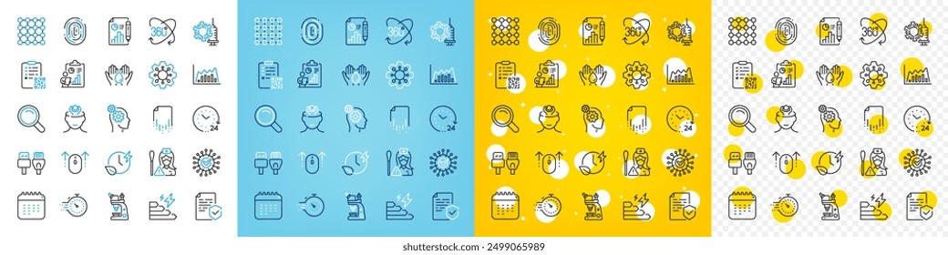 Vector icons set of Certificate, Density and Charging time line icons pack for web with Full rotation, Coronavirus, Report outline icon. Calendar, Consumption growth, Fingerprint pictogram. Vector