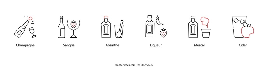 Vector Icons Set - Champagne, Sangria, Absinthe, Liqueur, Mezcal, Cider