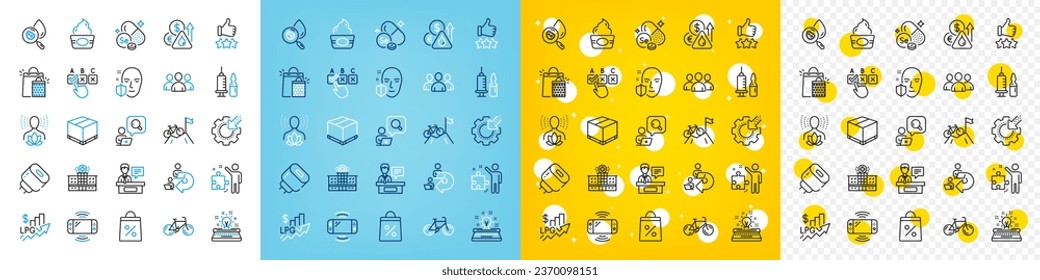 Vector icons set of Charging adapter, Delegate work and Delivery box line icons pack for web with Shopping bags, Rise price, Seo gear outline icon. Strategy, Exhibitors. Vector