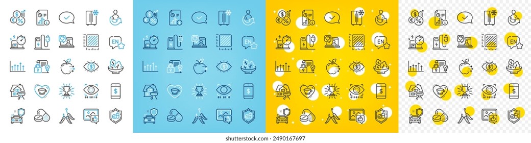 Vector icons set of Charging station, Inflation and Smartphone payment line icons pack for web with Share, Food delivery, Growth chart outline icon. English, Delivery online, Report pictogram. Vector