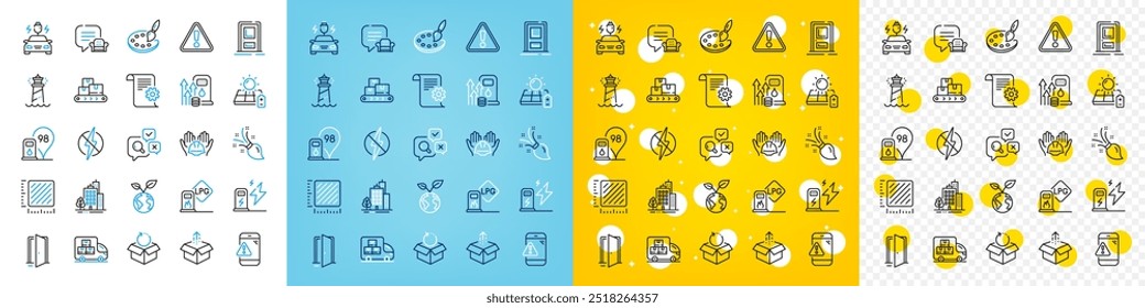 Vector icons set of Charging station, Buildings and Brush line icons pack for web with Solar panel, Antistatic, Open door outline icon. Lighthouse, Warning, Entrance pictogram. Vector