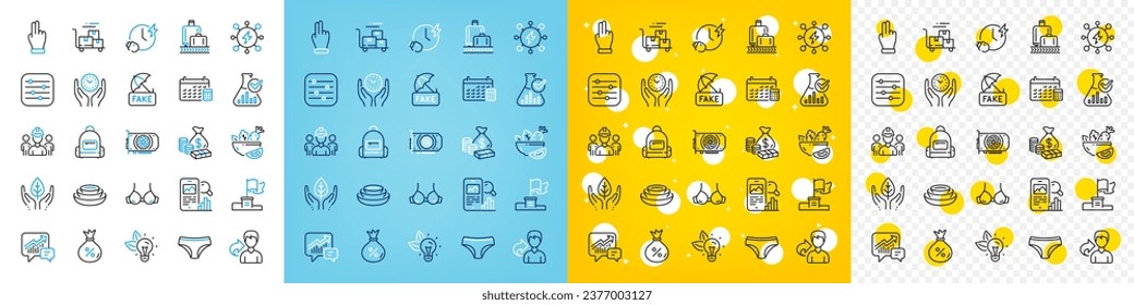 Vector icons set of Charging time, Click hand and Eco energy line icons pack for web with Gpu, Fair trade, Bra outline icon. Power, Delivery cart, Calendar pictogram. Share. Vector