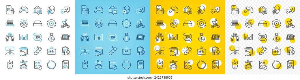 Juego de iconos vectoriales de fórmula química, paquete de iconos de línea de bucle y spector para web con Mini pc, bloc de notas de escritura de copias, icono de contorno de camión de entrega. 360 grados, documento aprobado, pictograma de viaje. Vector