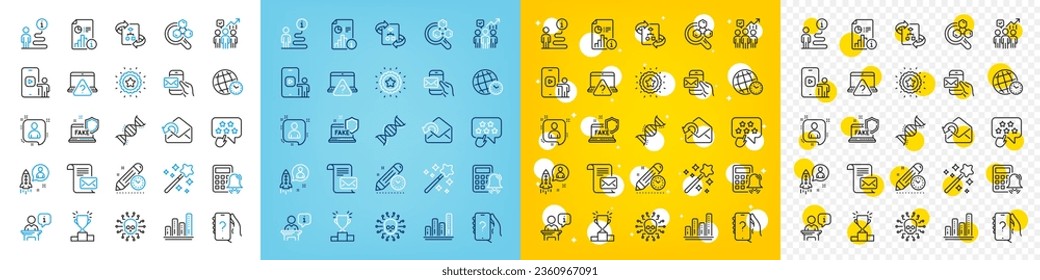 Vector icons set of Chemistry lab, Startup and Cyber attack line icons pack for web with Winner podium, Phone video, Calculator alarm outline icon. Support, Report, Magic wand pictogram. Vector