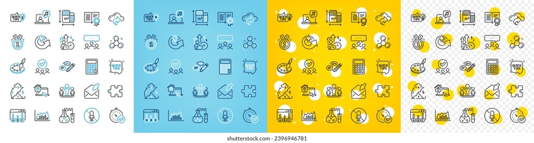 Vektorsymbole Set von Chemie-Labor, Arbeite zu Hause und Bildung Idee Linie Icons Pack für Web mit Diploma, Open Mail, Calculator Umriss-Symbol. Genehmigt Puzzle, Piktogramm des chemischen Moleküls. Vektorgrafik