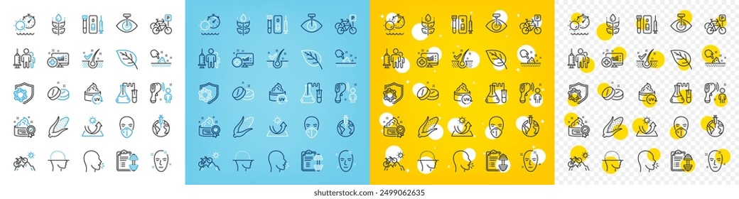 Vector icons set of Chemistry lab, Skin moisture and Coronavirus line icons pack for web with Mountain bike, Bicycle parking, Face scanning outline icon. Medical tablet, Eye laser. Vector