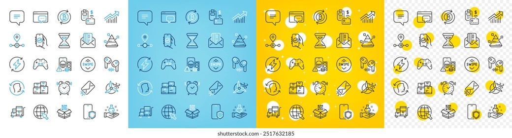 Vector icons set of Chemistry lab, Renewable power and Pyramid chart line icons pack for web with Inventory cart, Text message, Alarm clock outline icon. Phone protect, Swipe up. Vector