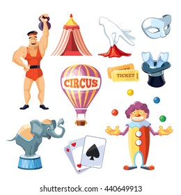 Vector icons set of Circus entertainment. Flat style design for your personal projects. Pictures isolate on white background.