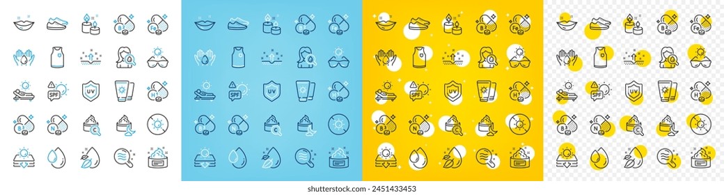 Conjunto de iconos de vectores de piel limpia, vitamina h1 y línea de condición de la piel paquete de iconos para el Web con camiseta, vitamina n, icono de contorno de pantalla solar. Protección solar, protección Uv, gafas de sol pictograma. Vector