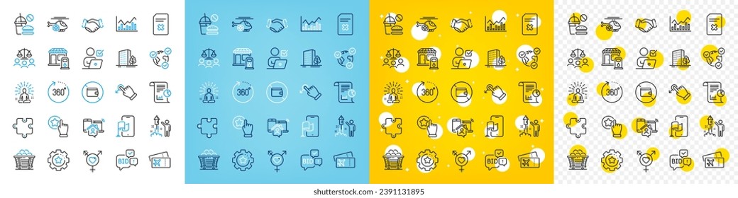 Vector icons set of Coal trolley, Wallet and Yoga line icons pack for web with Handshake, Bid offer, Report outline icon. Fast food, Delete file, Infochart pictogram. Court jury. Vector