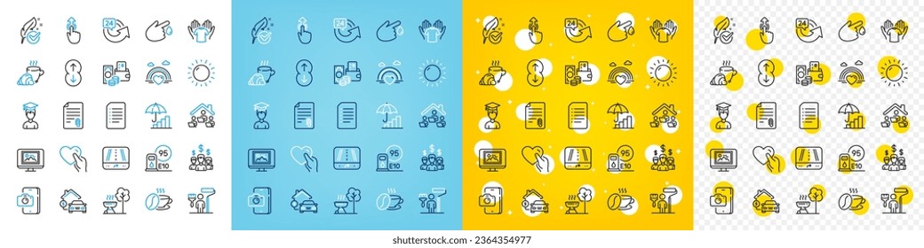 Iconos vectoriales de Coffee cup, Sunny weather y Photo thumbnail line iconos pack para web con donación de sangre, Lgbt, icono del contorno cardíaco Hold. Estación de gasolina, Estudiante, pictograma de la parrilla. Vector