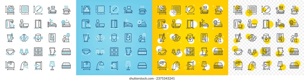 Vector icons set of Coffee machine, Espresso and Mattress line icons pack for web with Door, Entrance, Open door outline icon. Sconce light, Voice assistant, Floor lamp pictogram. Vector