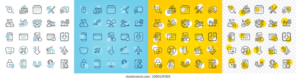 Vector icons set of Coffee maker, Rise price and Medical flight line icons pack for web with Inspect, Sconce light, Fingerprint lock outline icon. Message, Scroll down. Vector