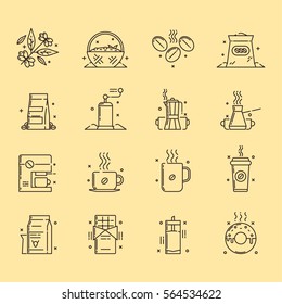 Vector icons set of the coffee production and use that includes gathering of coffee beans, sorting  them out,  storage and use, also usage of a coffee beans for chocolate, milk shakes and as a glaze. 