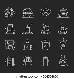 Vector icons set of the coffee production and use that includes gathering of coffee beans, sorting  them out,  storage and use, also usage of a coffee beans for chocolate, milk shakes and as a glaze. 