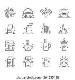 Vector icons set of the coffee production and use that includes gathering of coffee beans, sorting  them out,  storage and use, also usage of a coffee beans for chocolate, milk shakes and as a glaze. 