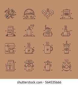 Vector icons set of the coffee production and use that includes gathering of coffee beans, sorting  them out,  storage and use, also usage of a coffee beans for chocolate, milk shakes and as a glaze. 