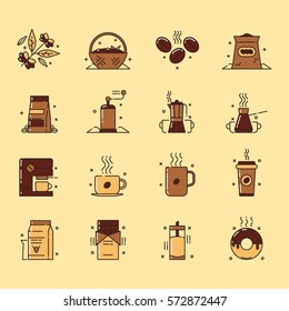 Vector icons set of the coffee production and use that includes gathering of coffee beans, sorting them out, storage and use, also usage of a coffee beans for chocolate, milk shakes and as a glaze.