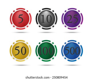 Vector icons set. Colorful poker chips with a nominal value of. Isolated on white background.