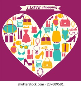 Vector icons set with colorful shopping icons in heart shape. I love shopping-background
